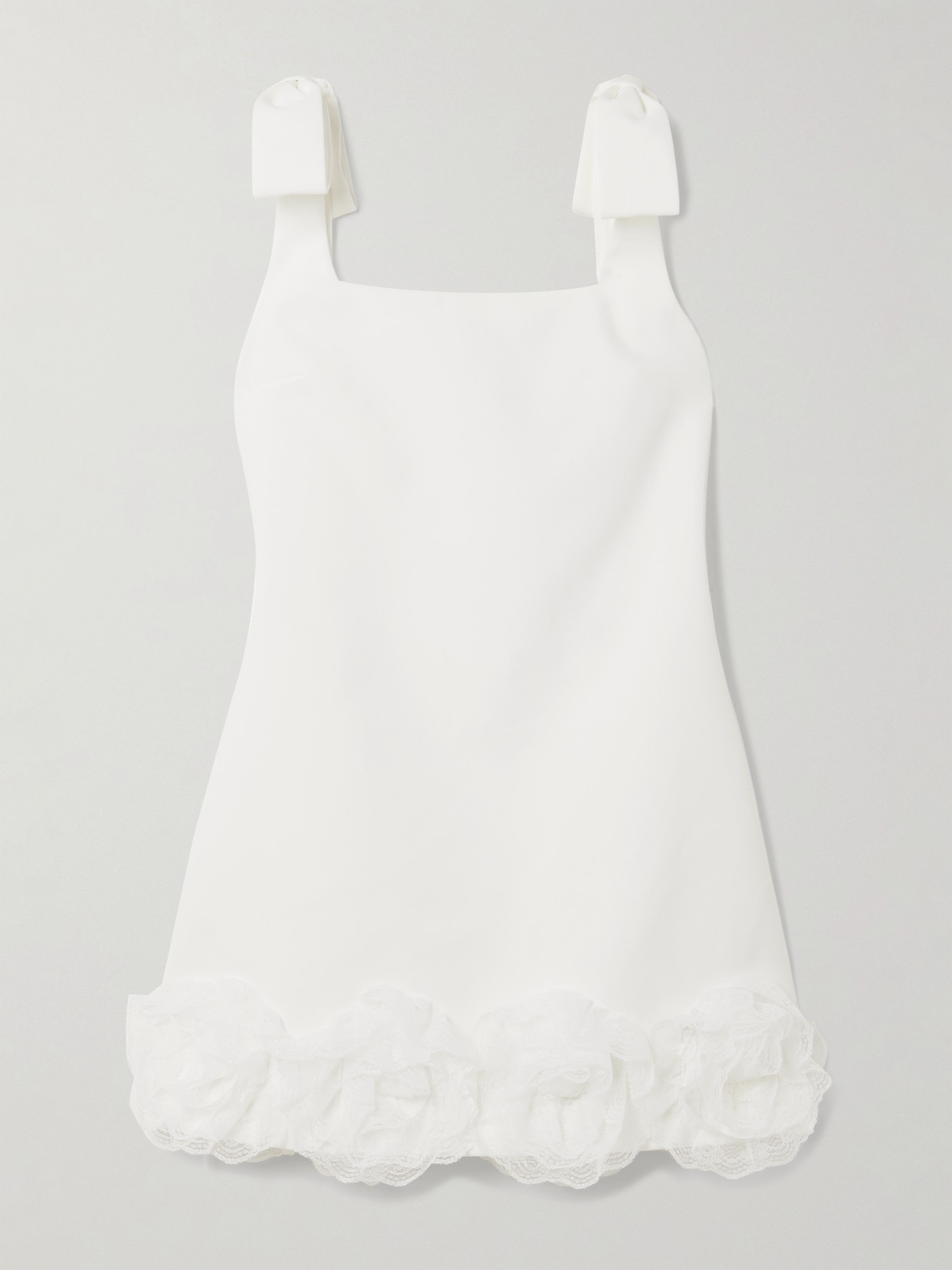 Bow-detailed Lace-trimmed Crepe Mini Dress - White
