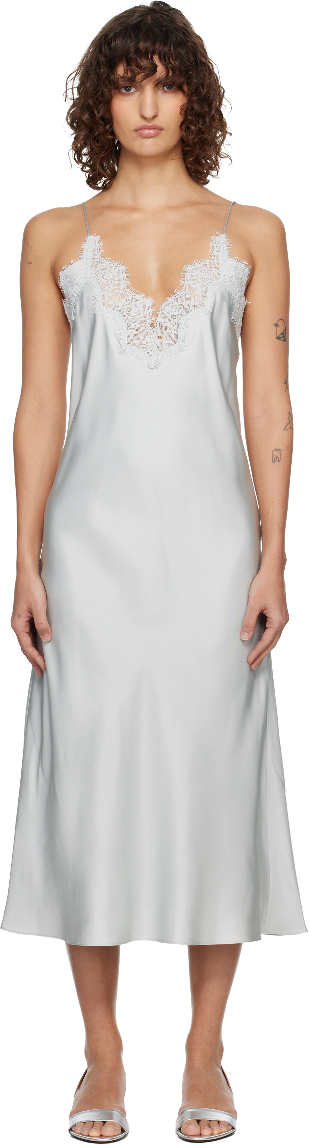 Blue Silk Lace Slip Midi Dress