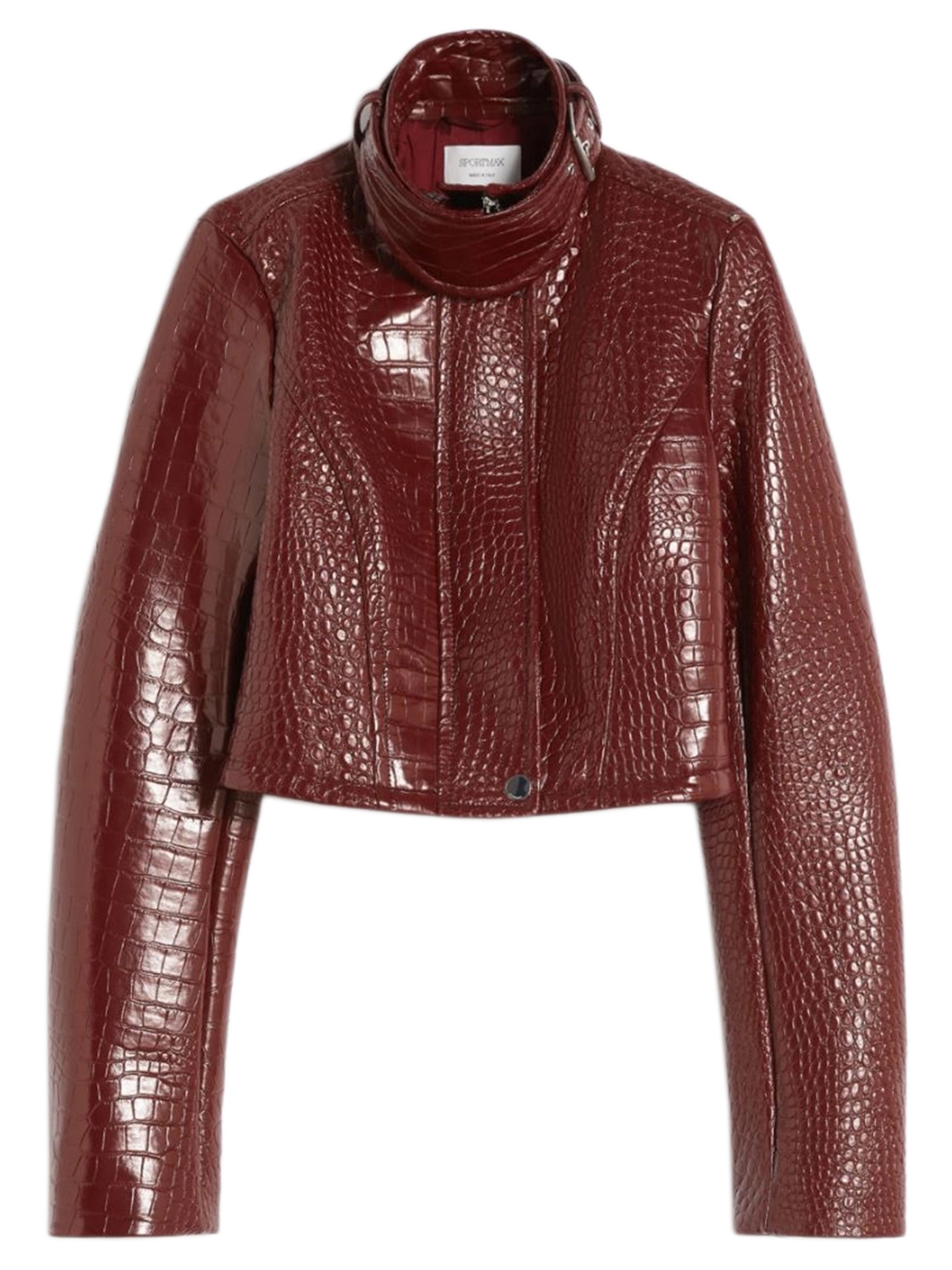 Fitted Polo-Neck Zip Jacket with Alligator-Embossed Patent-Leather Finish