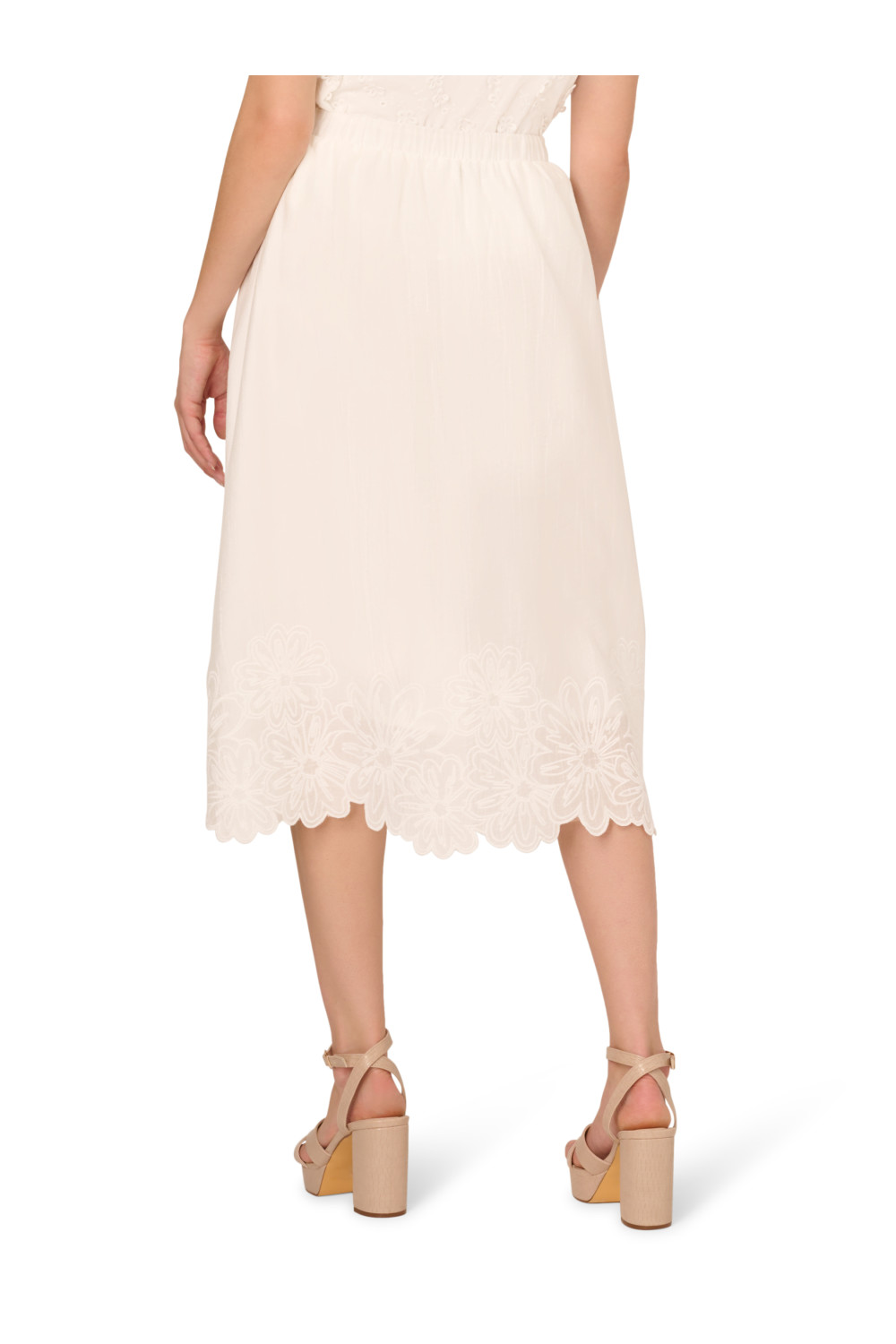 Adrianna Papell Womens Midi Length Crinkled Pull On Flower Embroidered Hem Skirt - Ivory - Mediu