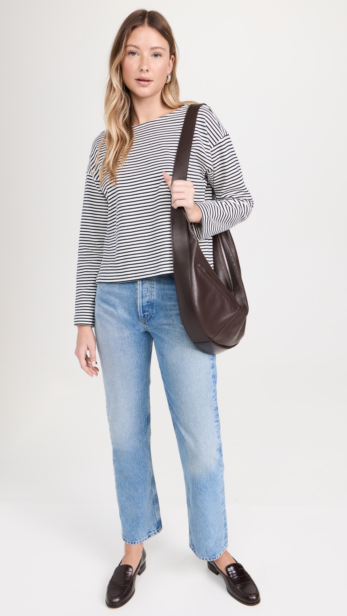 Macy Long Sleeve Tee Ivory Navy Micro Stripe