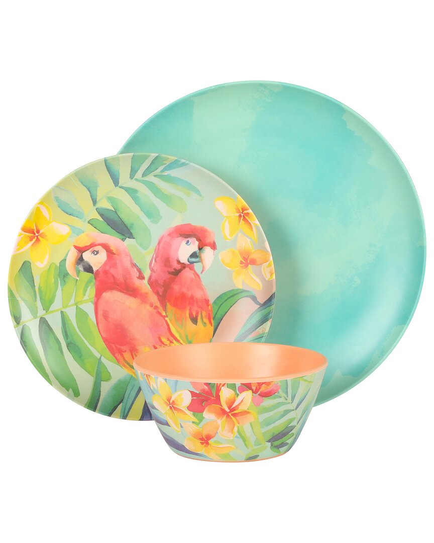 Laurie Gates Tropical Parrots 12Pc Melamine Dinnerware Set