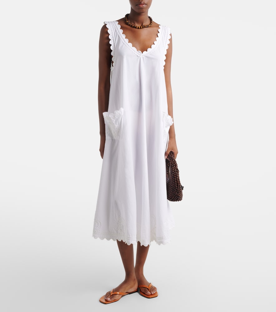 Embroidered scalloped cotton poplin midi dress