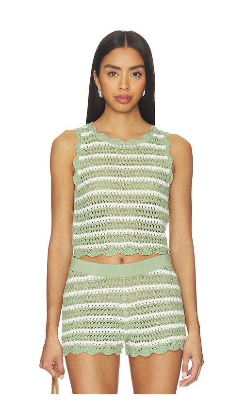 Alice + Olivia Ciara Cropped Pointelle Pullover in Sage & Soft White. XL also in S