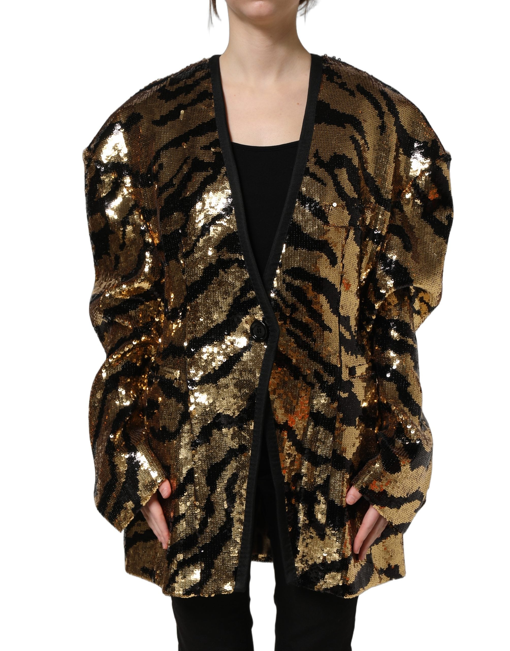 Sequin Tiger Stripe Blazer — Gold