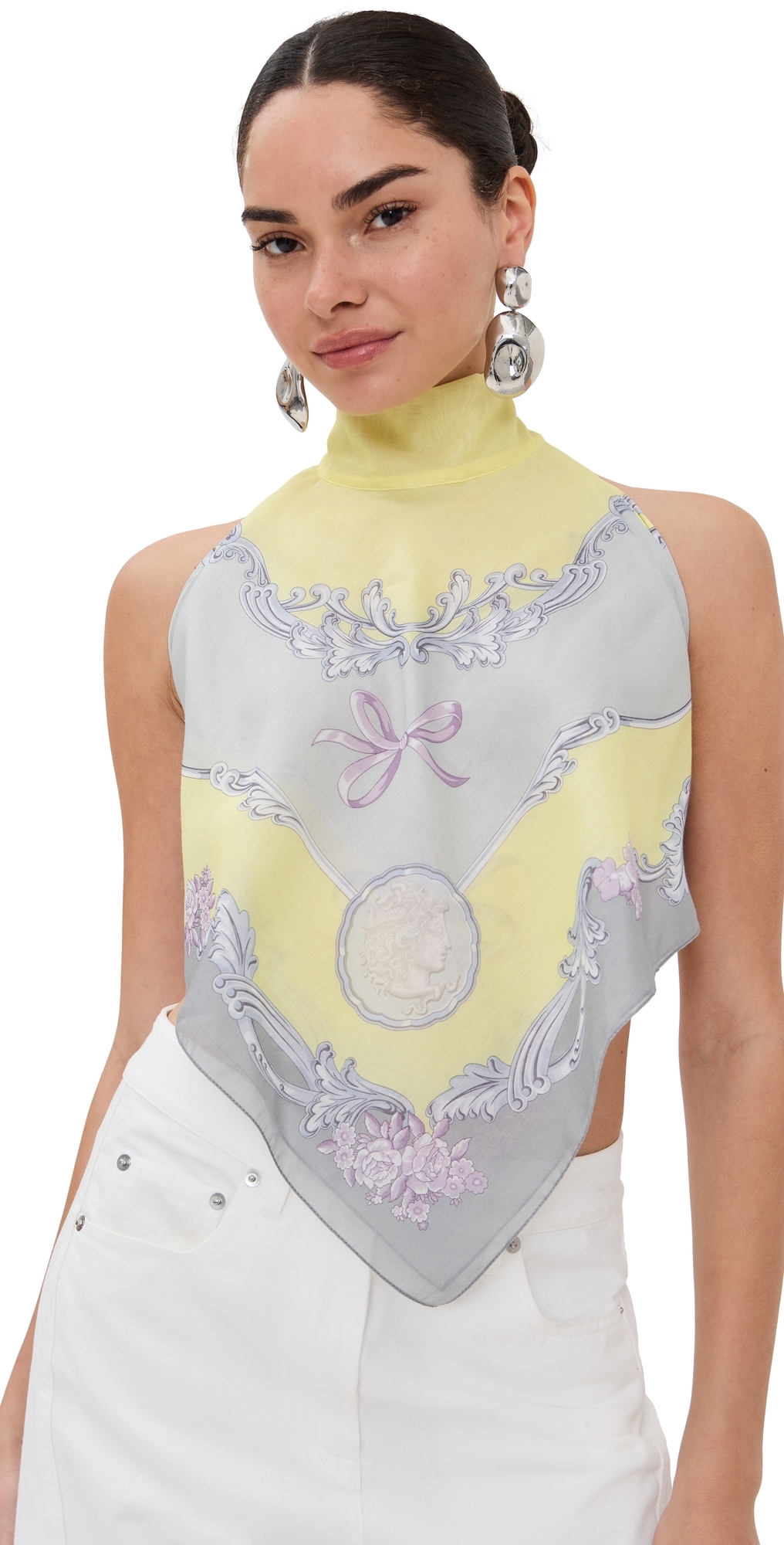 Versace Beachwear Cotton Silk Voile Medusa Cameo Print Top Pale Yellow/Light Grey XL