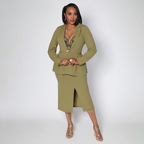 Long-Sleeve Peplum Blazer - Olive Drab