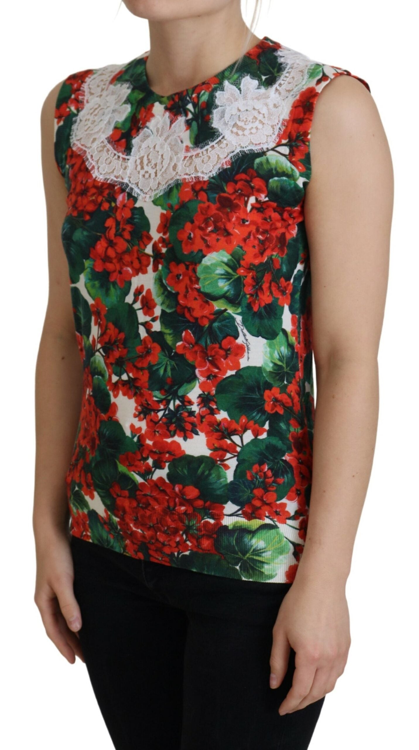 Lace-Trimmed Floral Wool Tank Top — Multicolor