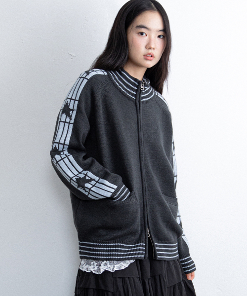STAR TRACK KNIT ZIP UP_CHARCOAL