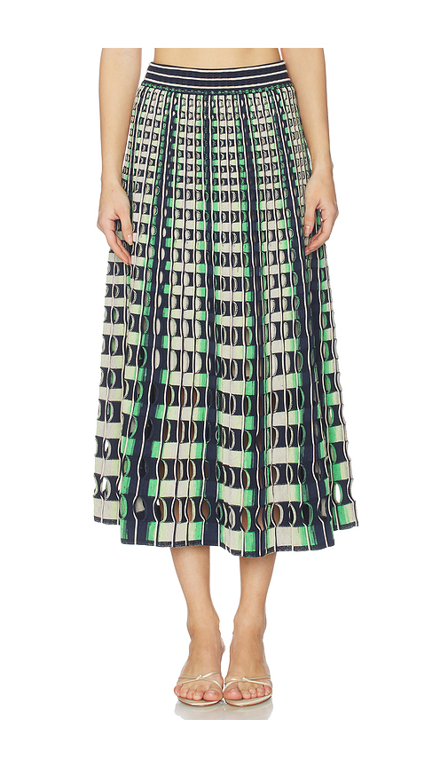SIMKHAI Drue Midi Skirt in Navy,Green. M. Also in L