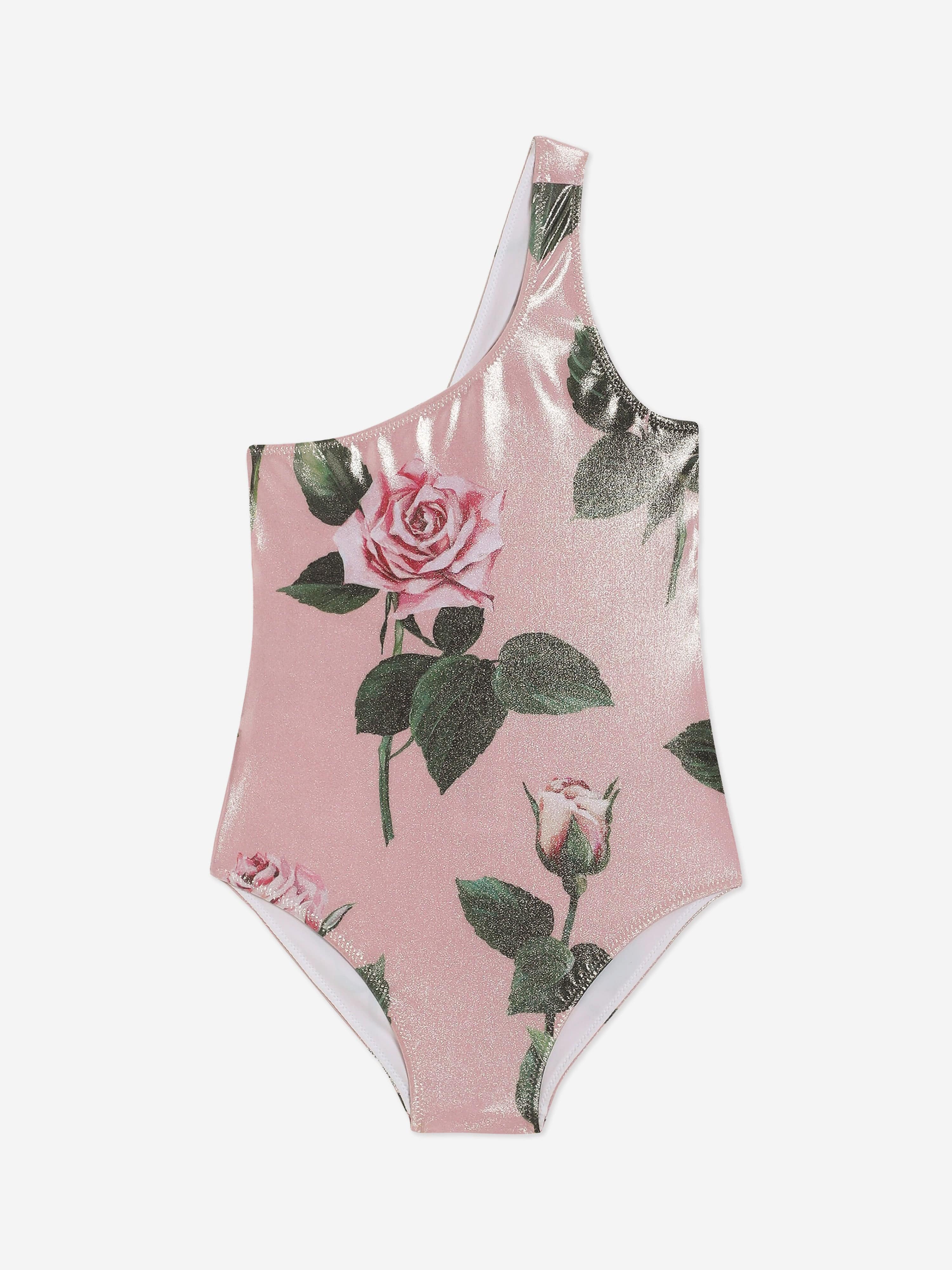 Girls Rose Print Swimsuit in Pink