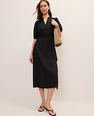 Ann Taylor Puff Sleeve Midi Dress in Linen Blend