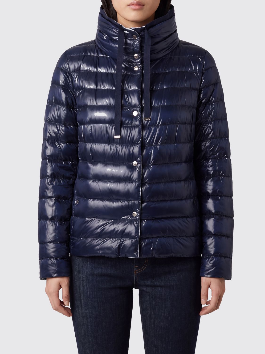 Short Puffer Jacket In Ice Nylon With Metal Buttons