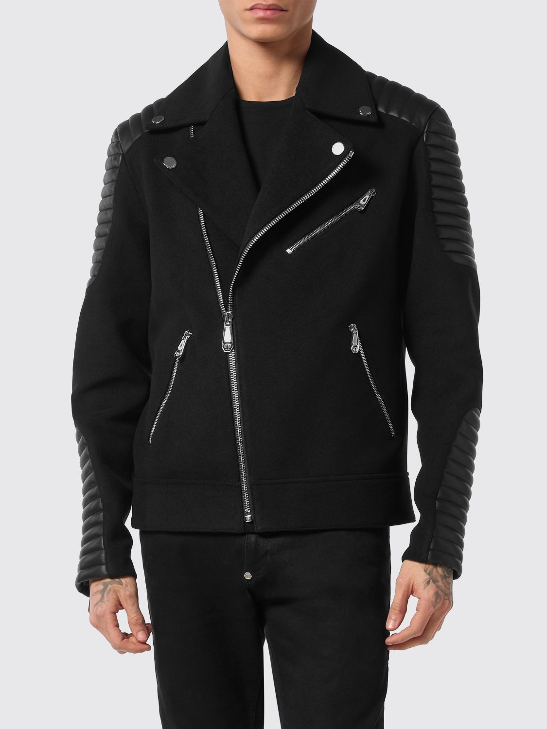 Leather and Wool Biker Jacket with Lapels and Asymmetrical Zip