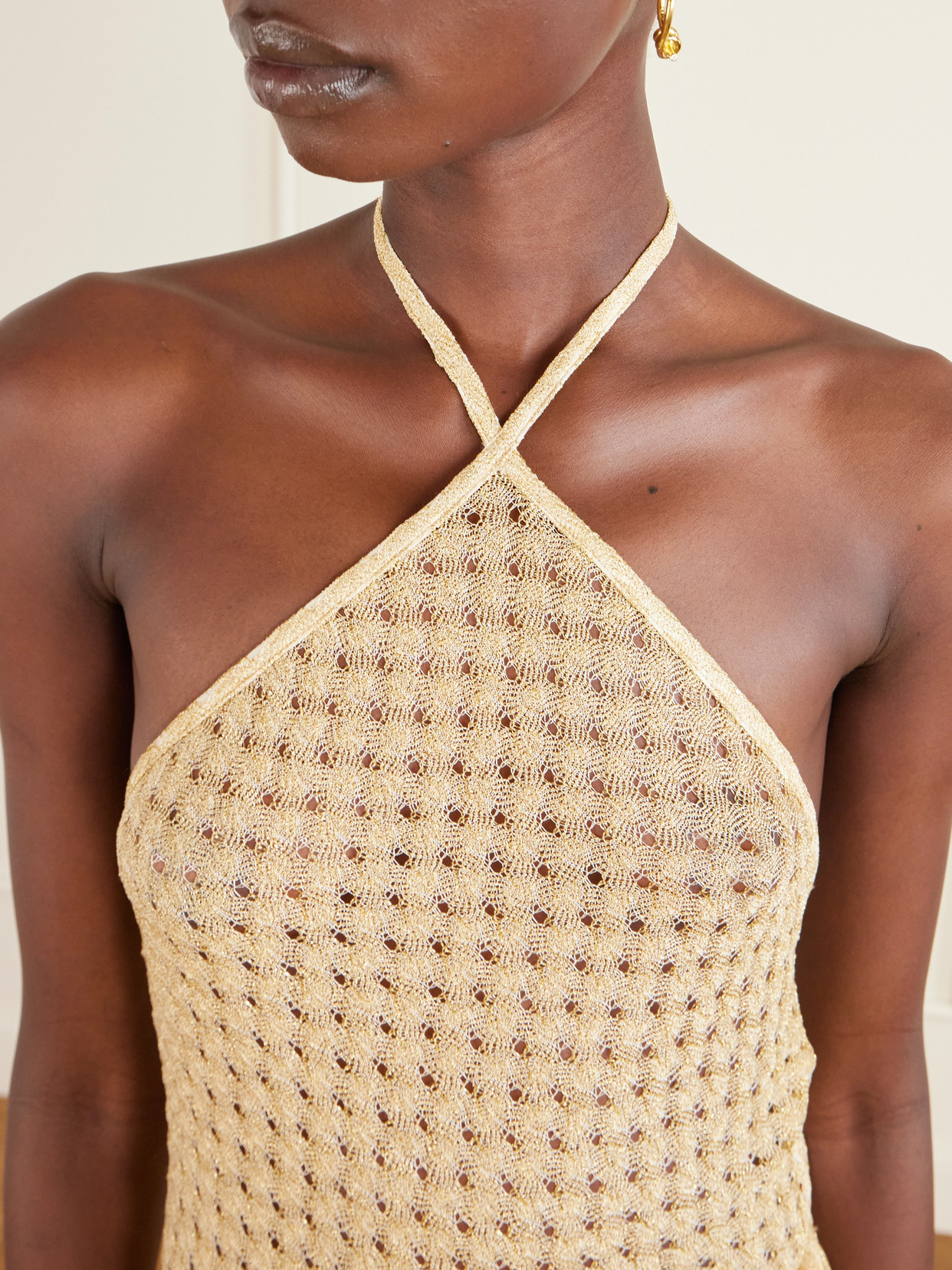 Mare Cropped Metallic Crochet-knit Halterneck Top - Gold