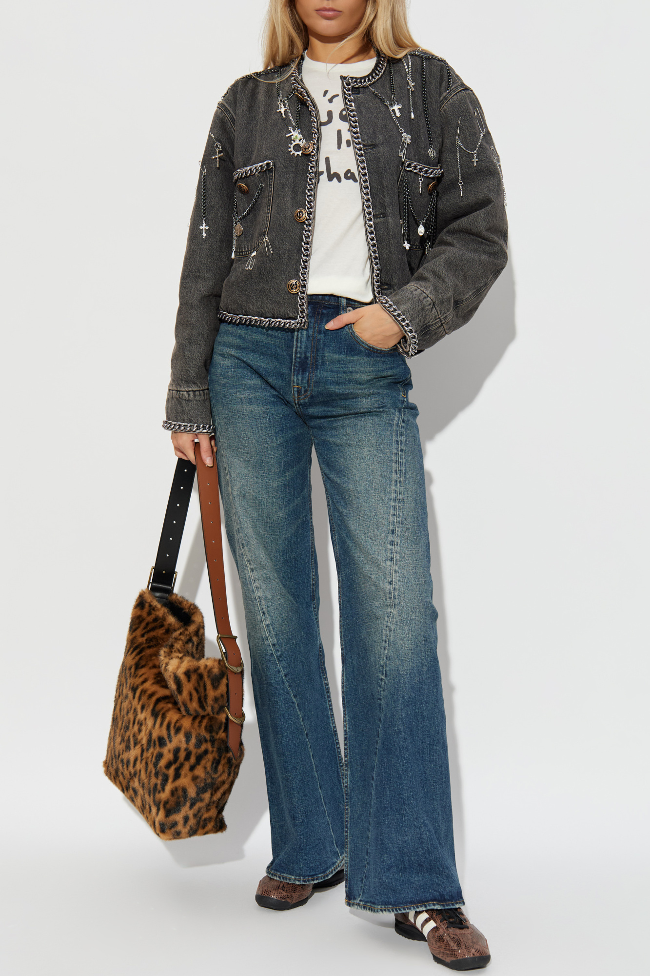 Denim Jacket With Appliqués, Women's, Grey