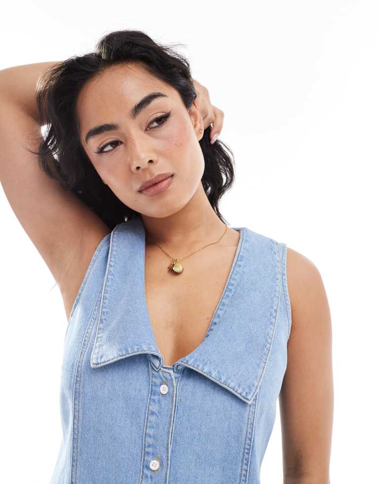 Miss Selfridge Womens denim sailor playsuit in mid wash - Blue - X-Sma