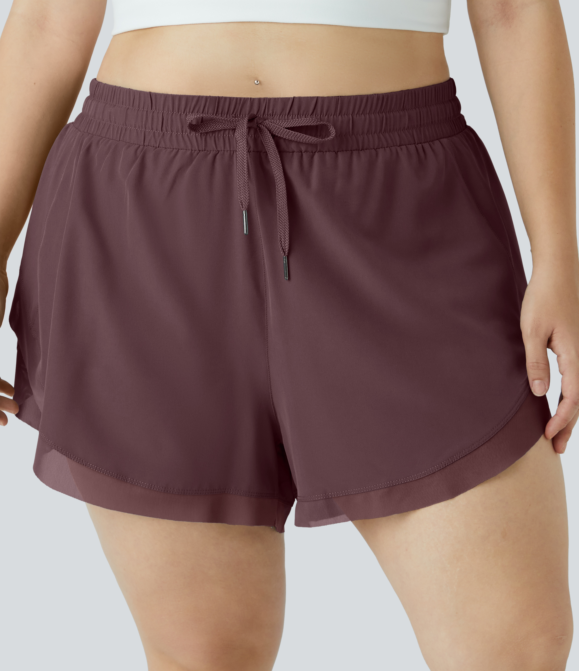 "Drawstring Contrast Mesh 2-in-1 Plus Size Shorts 4"" Gym Short - Winetasting