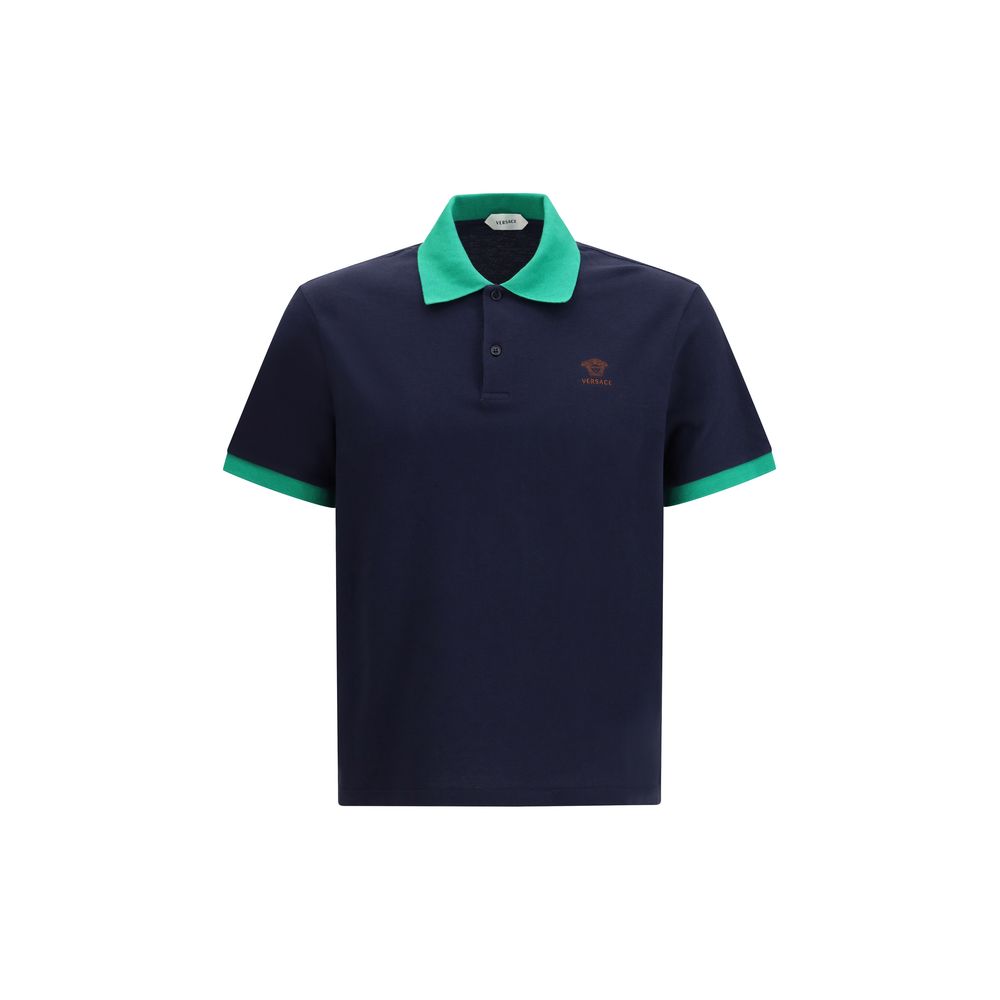 Cotton Piqué with Embroidered Medusa Polo Shirt — Navy
