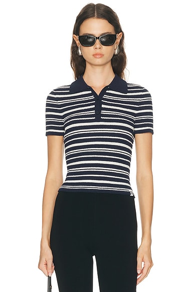 SIMKHAI Averie Knit Polo Top in Midnight Stripe - Navy. XS also in L