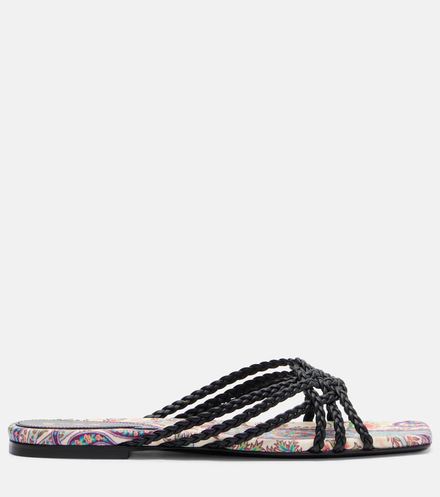 Canvas-trimmed printed leather slides