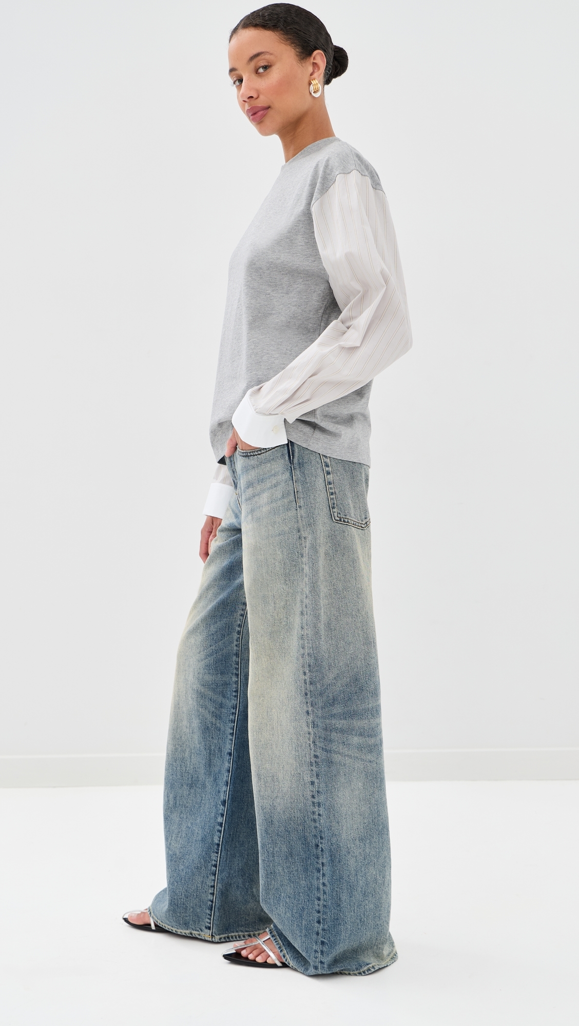 T-Shirt with Shirting Sleeves Grey Multi