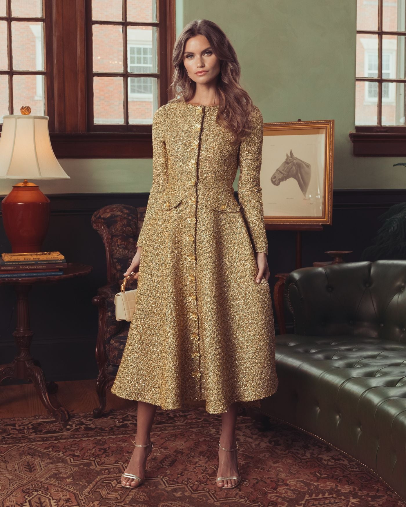 Gold Metallic Sequin Boucl Midi Dress