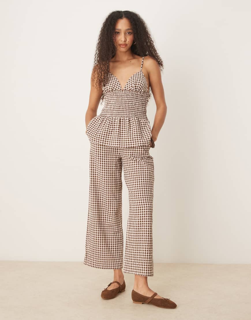 ASOS DESIGN wide leg pants in brown gingham