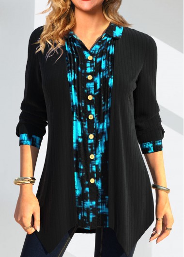 Modlily Black Fake 2in1 Geometric Print Long Sleeve Blouse