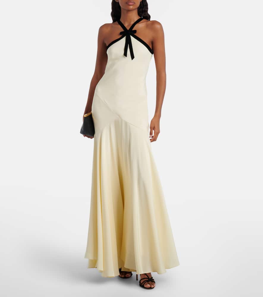 Velvet-trimmed silk crêpe maxi dress