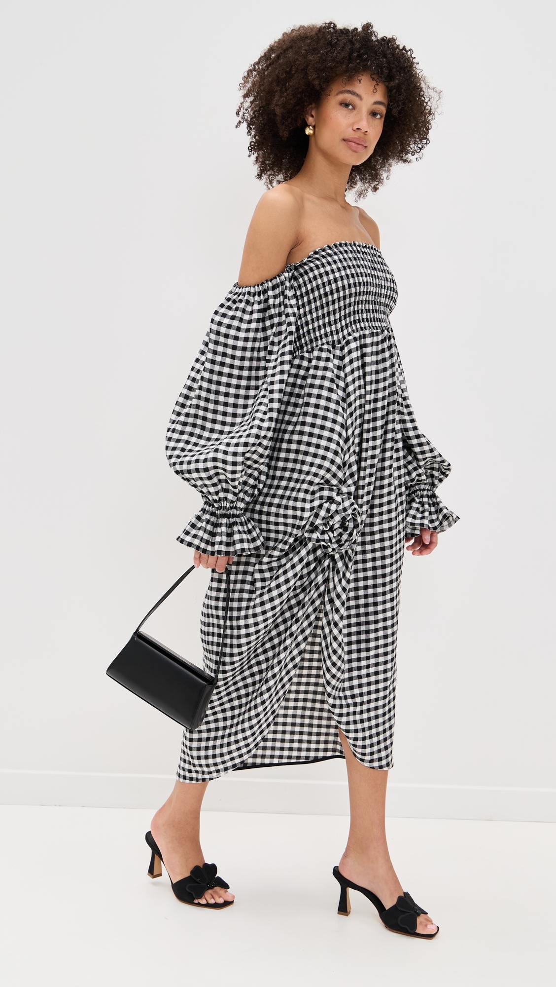 Sleeper Atlanta Linen Dress with Rose Detail Black Vichy