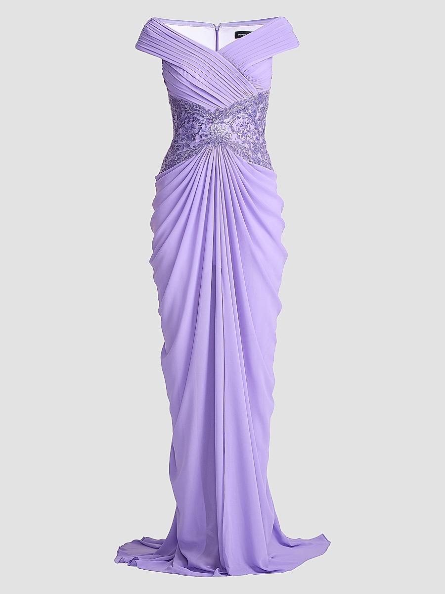 Women's Pleated Chiffon & Metallic Lace Gown - Lavender Mist
