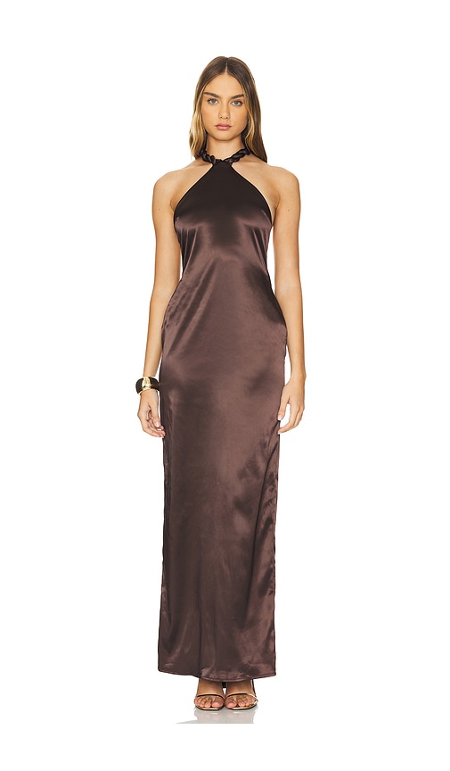 Khanums Satin Halter Maxi Dress in Brown. XL. Also in