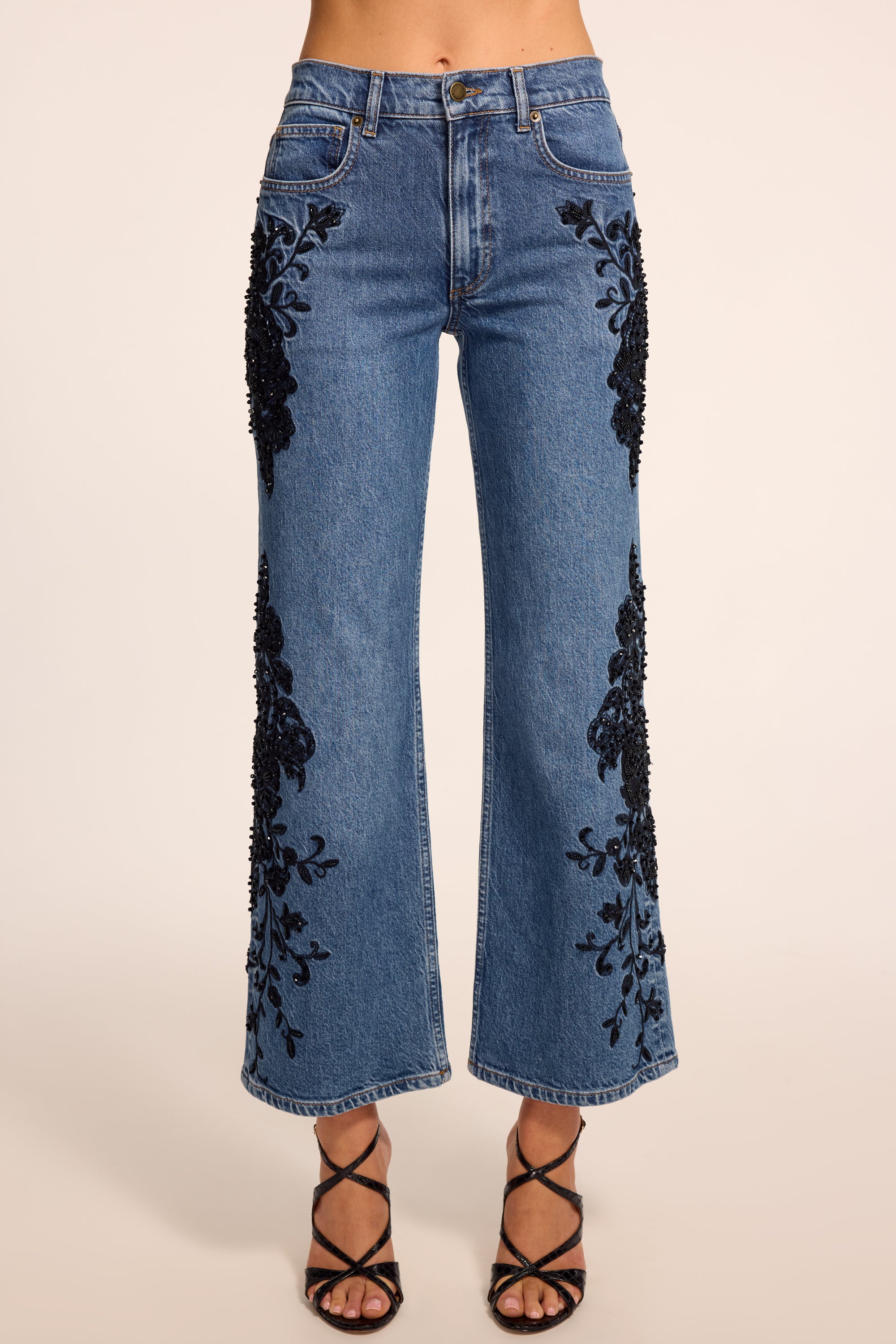 Lea Beaded Cropped Jean in Mid cerulean