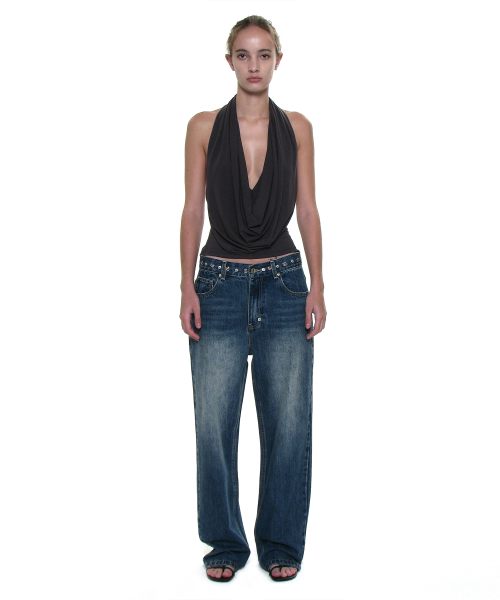 Metal Pointed Waist Jeans_Mid Blue