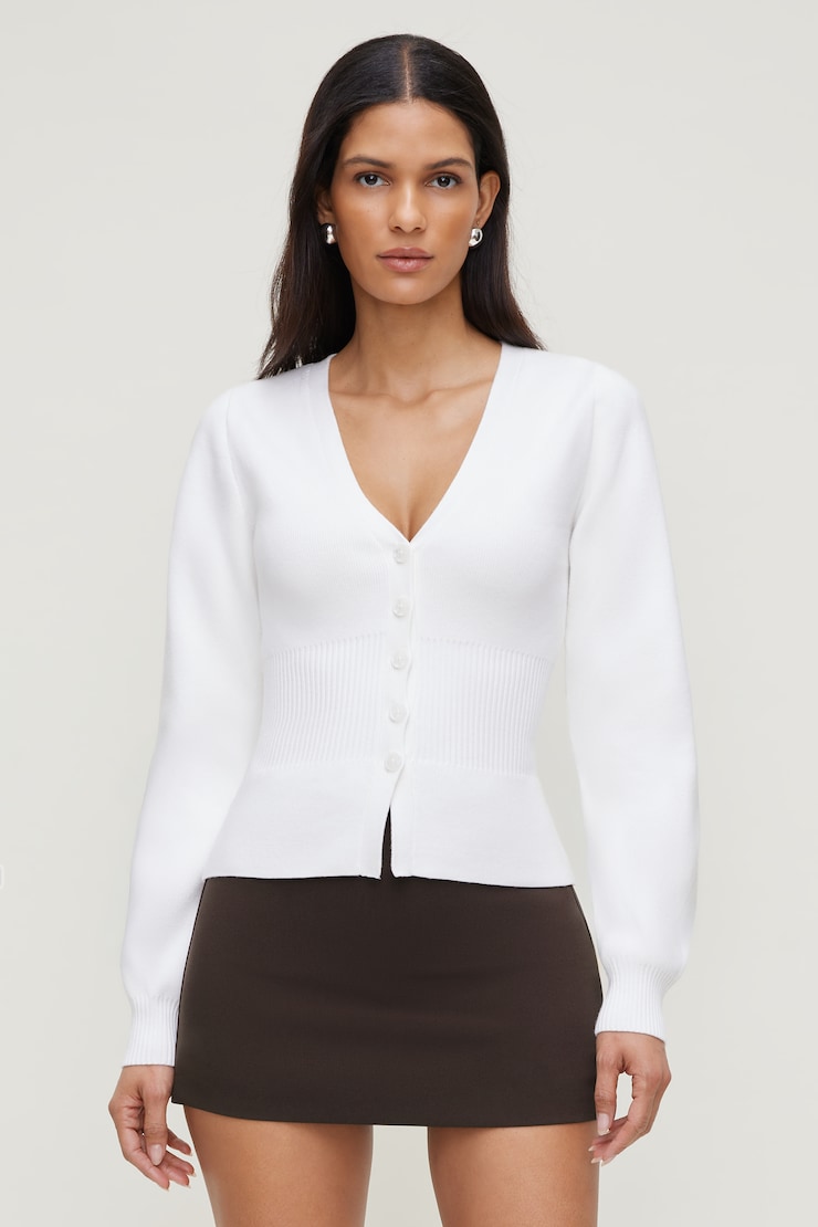 Cinched Waist Cardigan - White - Women Clothing