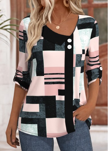 Modlily Pink Geometric Print 3/4 Sleeve Asymmetrical Neck Blouse