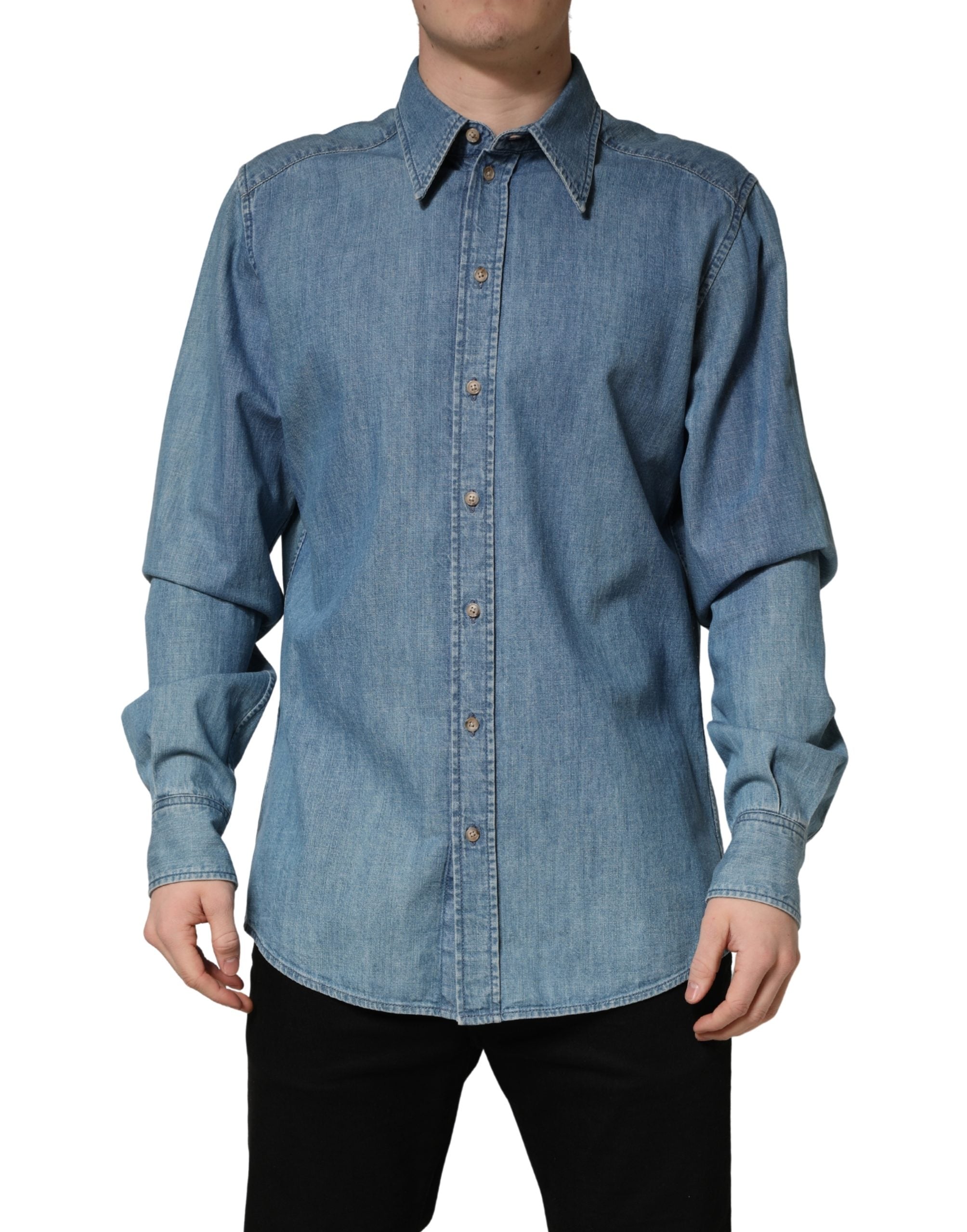 Cotton Stretch Denim Shirt — Blue