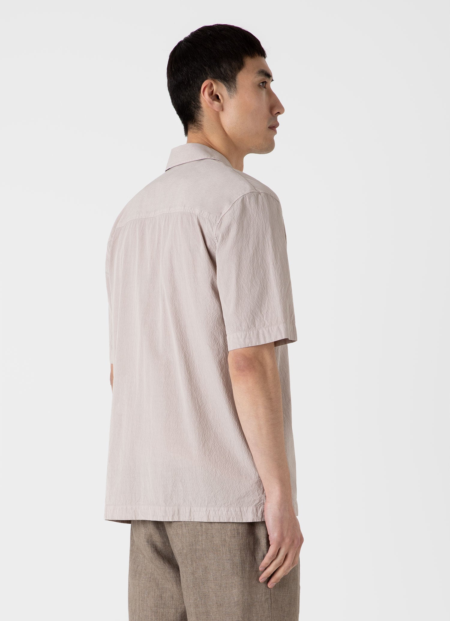 Men's Seersucker Camp Collar Shirt in Light Sand 