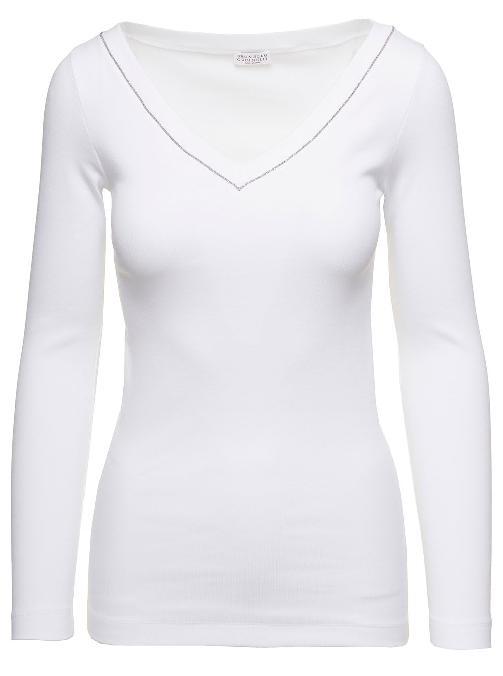 White V-neck Pullover With Beads Detailing In Stretch Cotton Woman