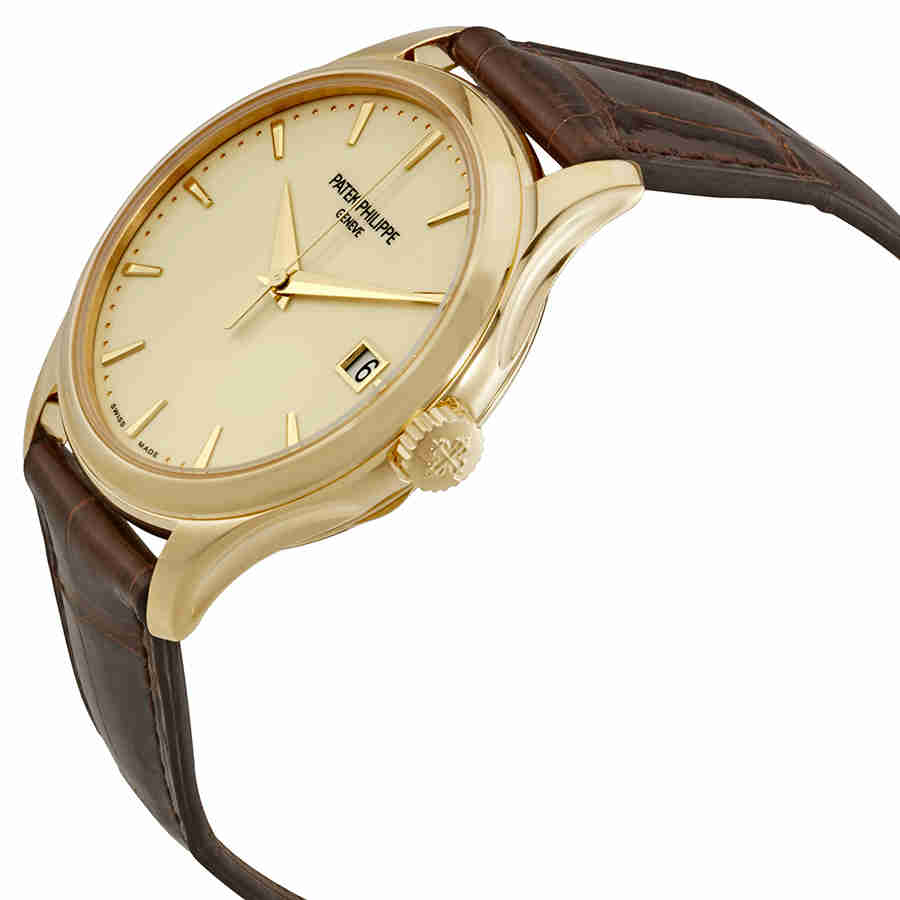 Calatrava Ivory Dial 18kt Yellow Gold Brown Leather Mens Watch 5227J-001