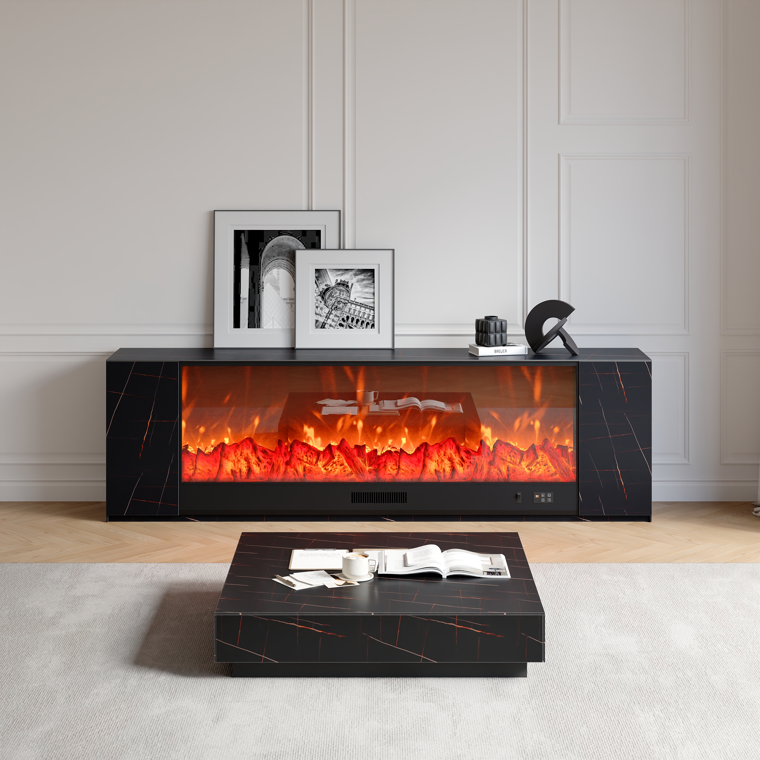 78.7" Modern White Marble Veneer Sintered Stone Electric Fireplace TV Stand with Remote Control Temperature Adjustable Coffee Table Set