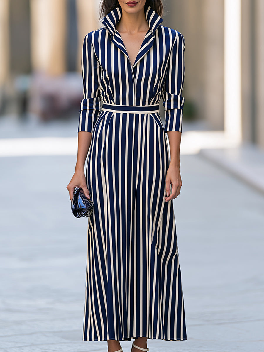 Striped Collared Belted Maxi Dress - Navy Blue