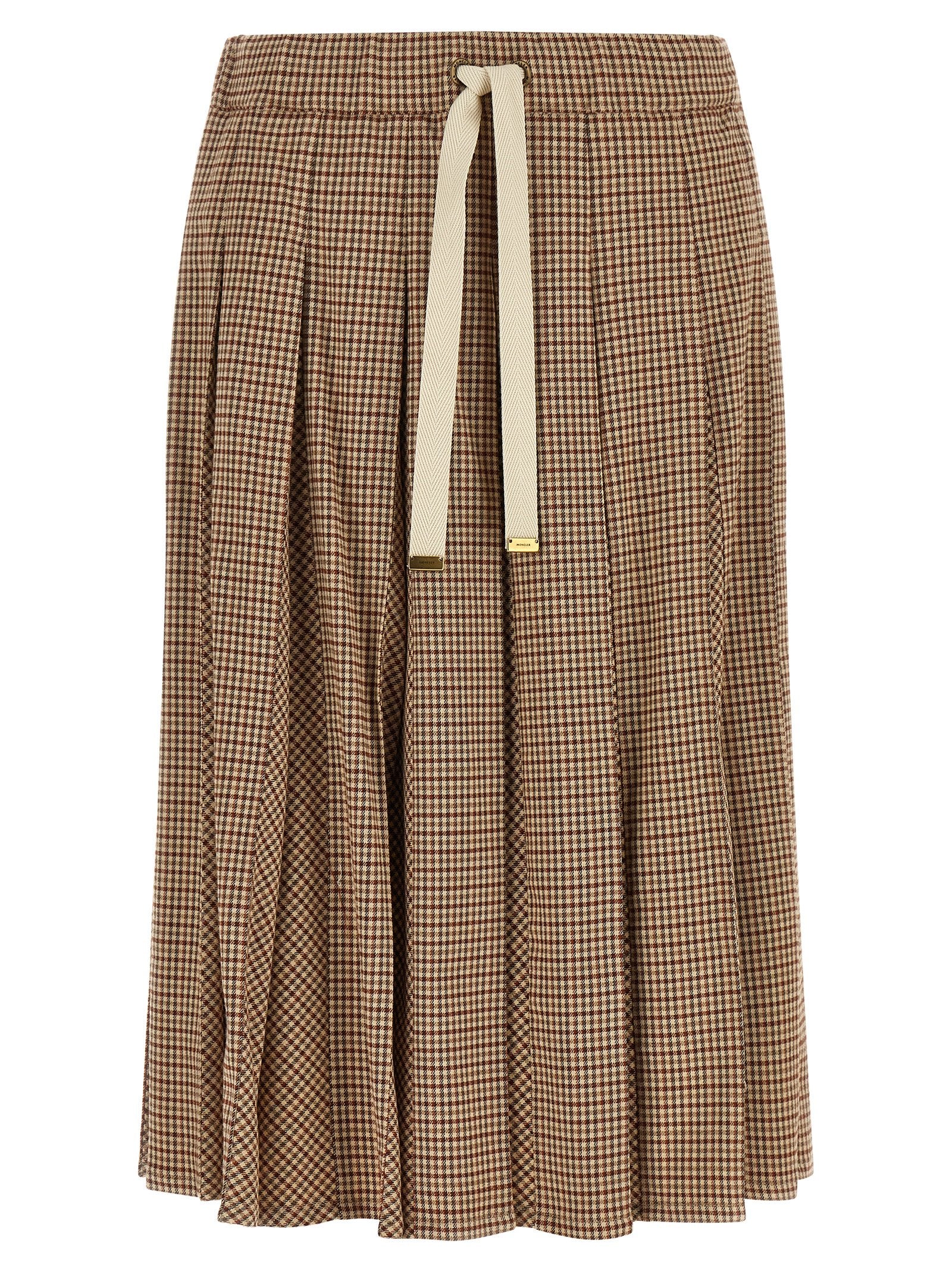 Pleated Check Wool Blend Skirt — Beige