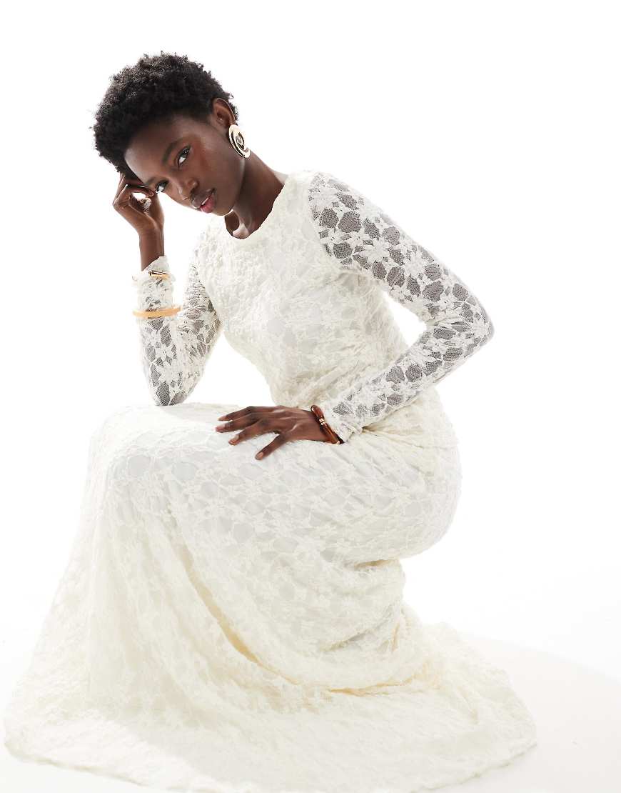 Co-ord lace long sleeve top with asymmetric hem in cream-White