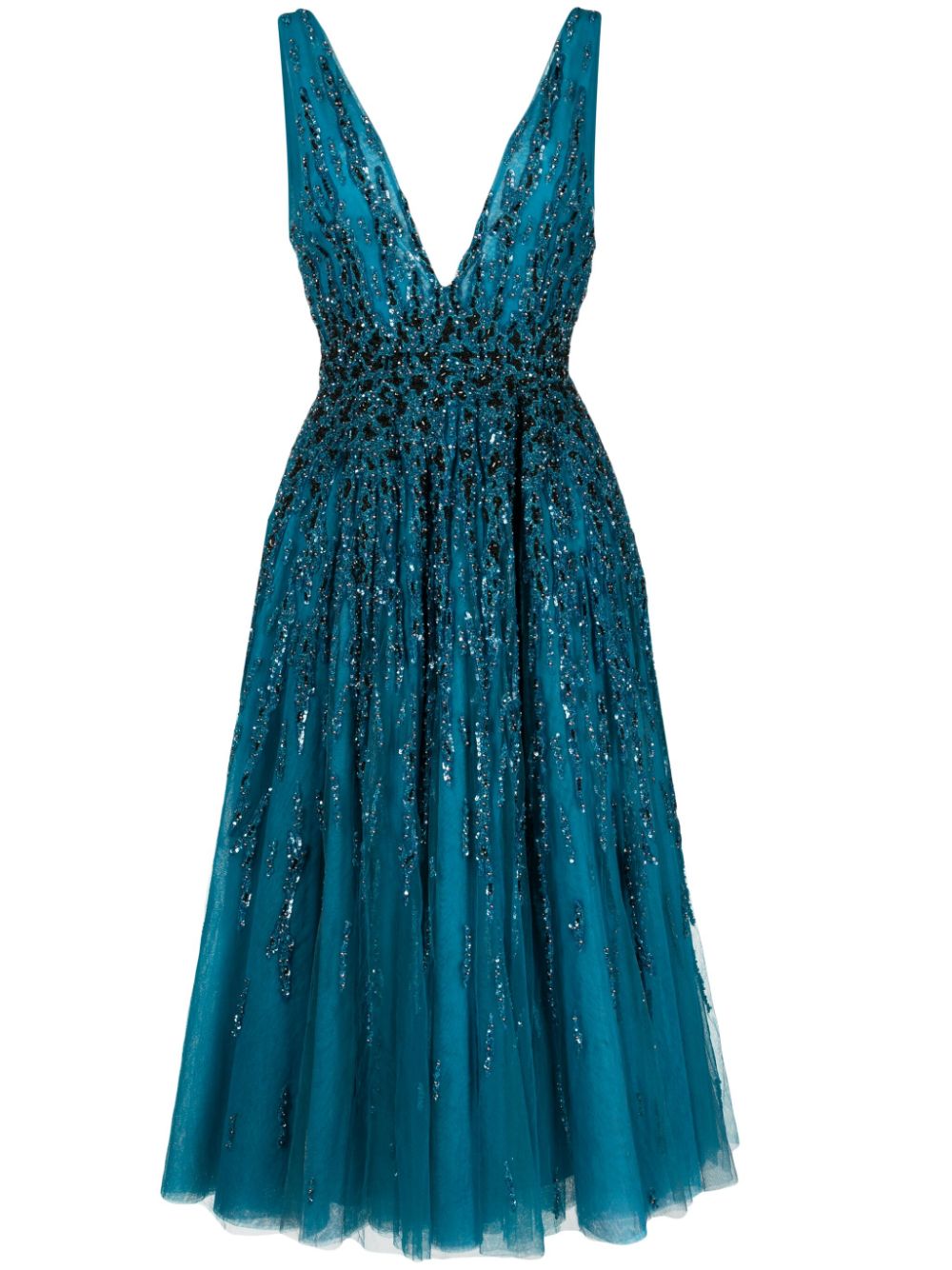 Sequin-embellished tulle-overlay flared dress - Blue