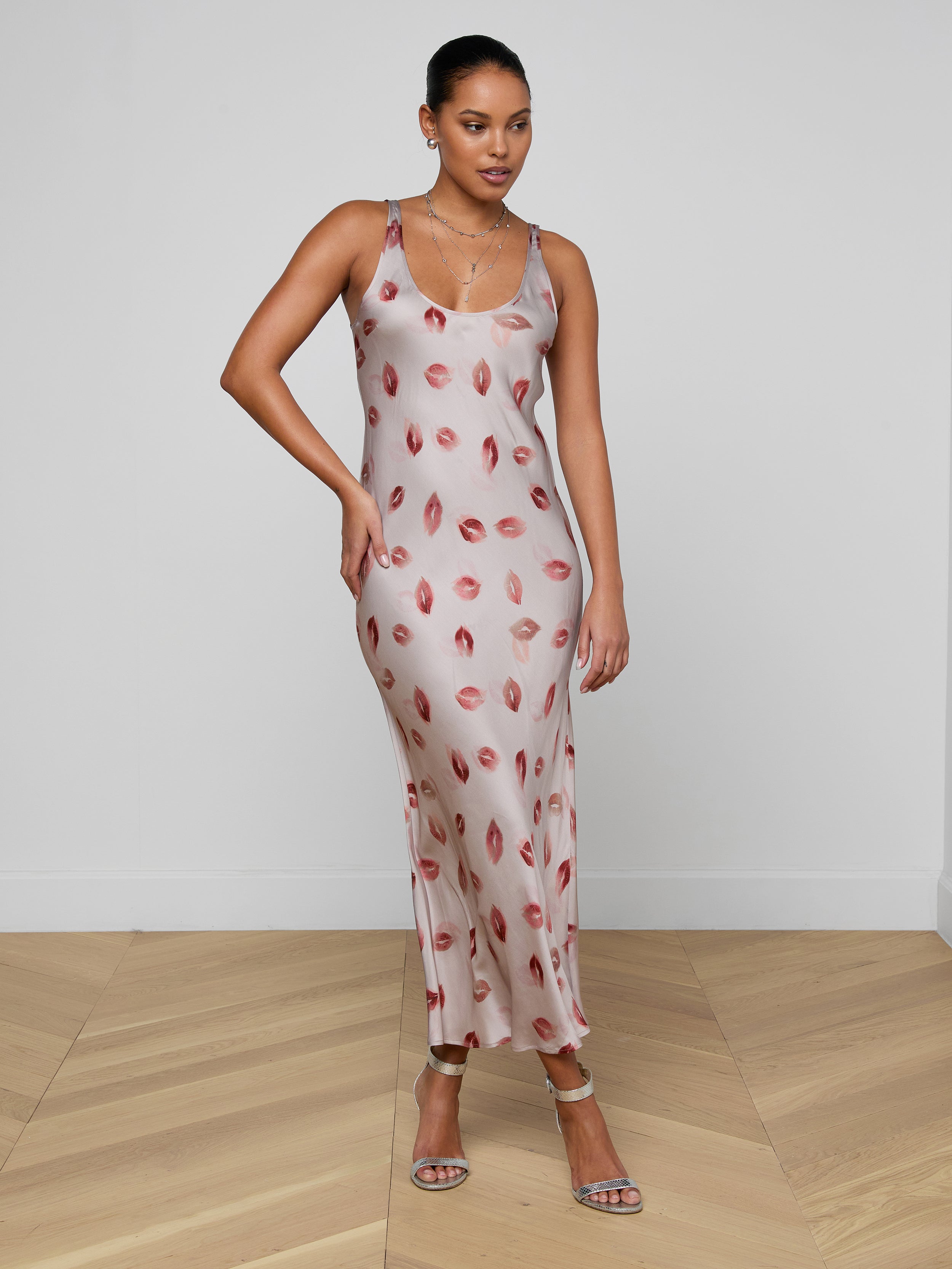 Akiya Satin Maxi Dress In Taupe/dark Red Faded Kiss