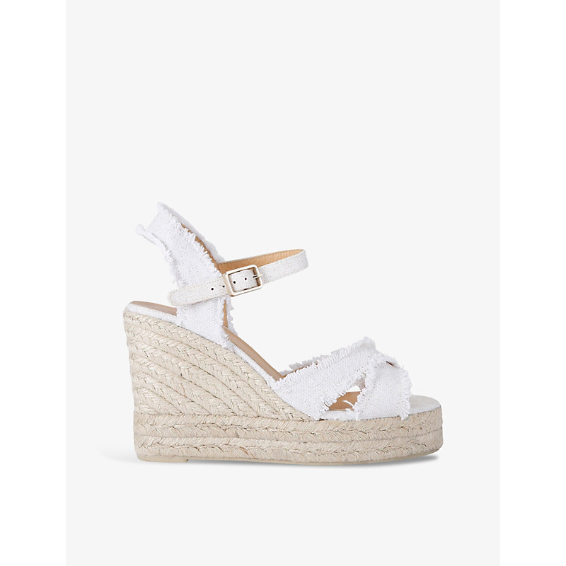Womens White Bromelia Frayed Linen Wedge Espadrilles