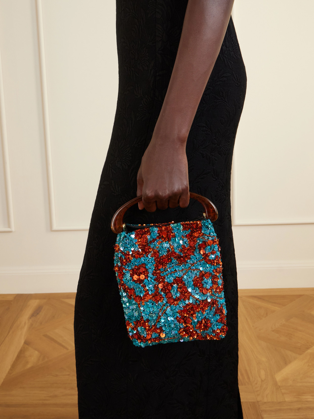 Sequined Satin Shoulder Bag - Blue
