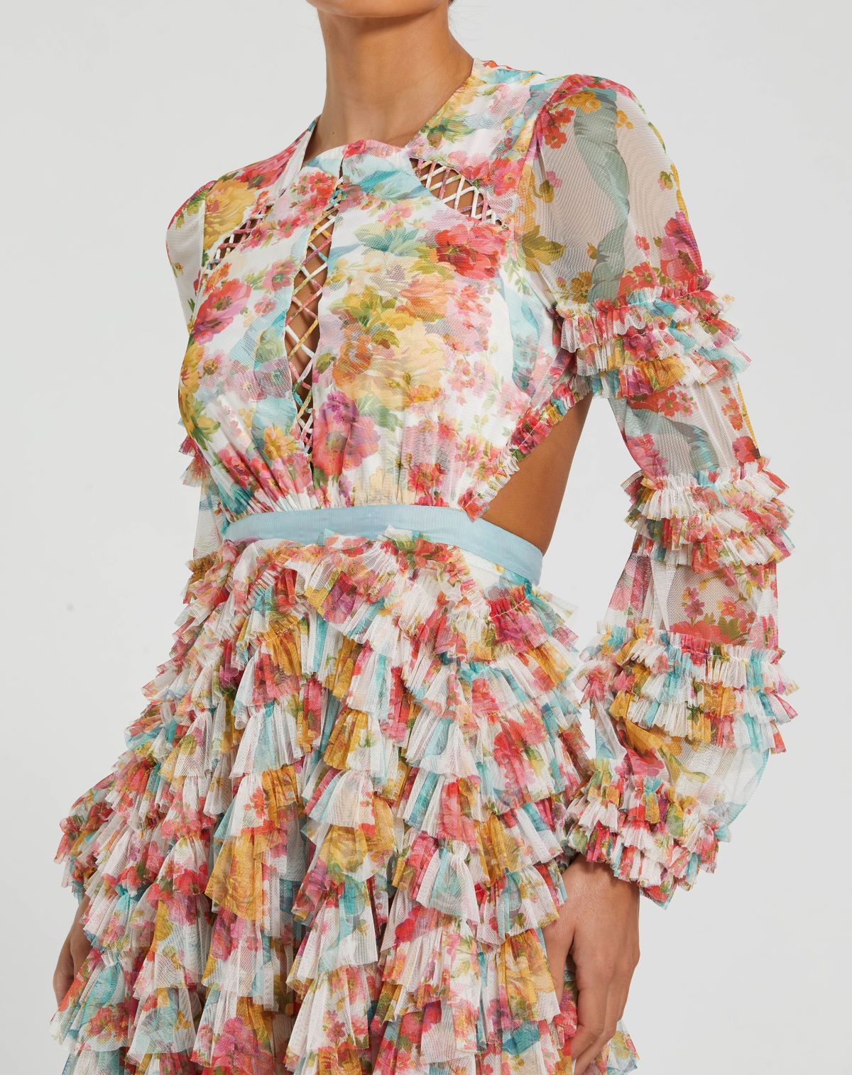 Long Sleeve Tiered Ruffle Cutout Criss Cross Dress In White Multi